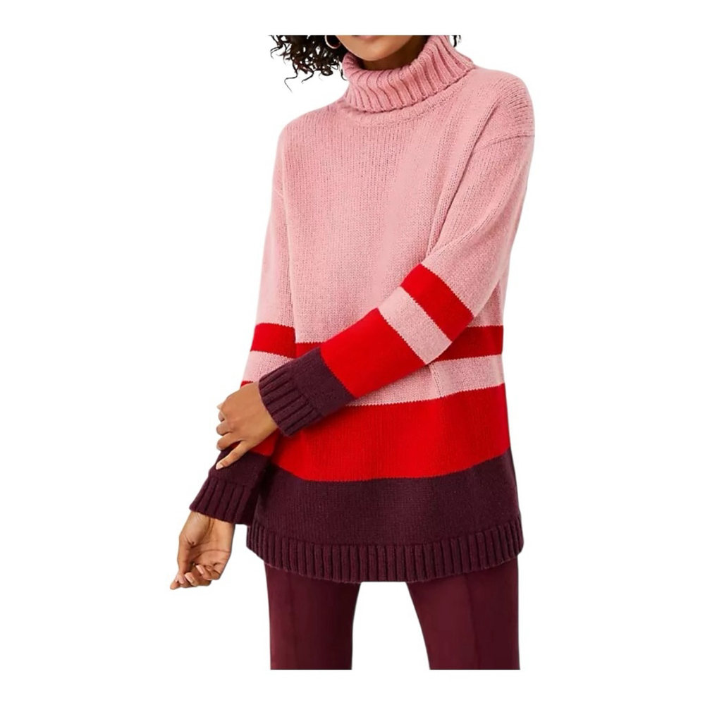 Ann Taylor Colorblock Striped Turtleneck Tunic Sweater Pink Red Purple M